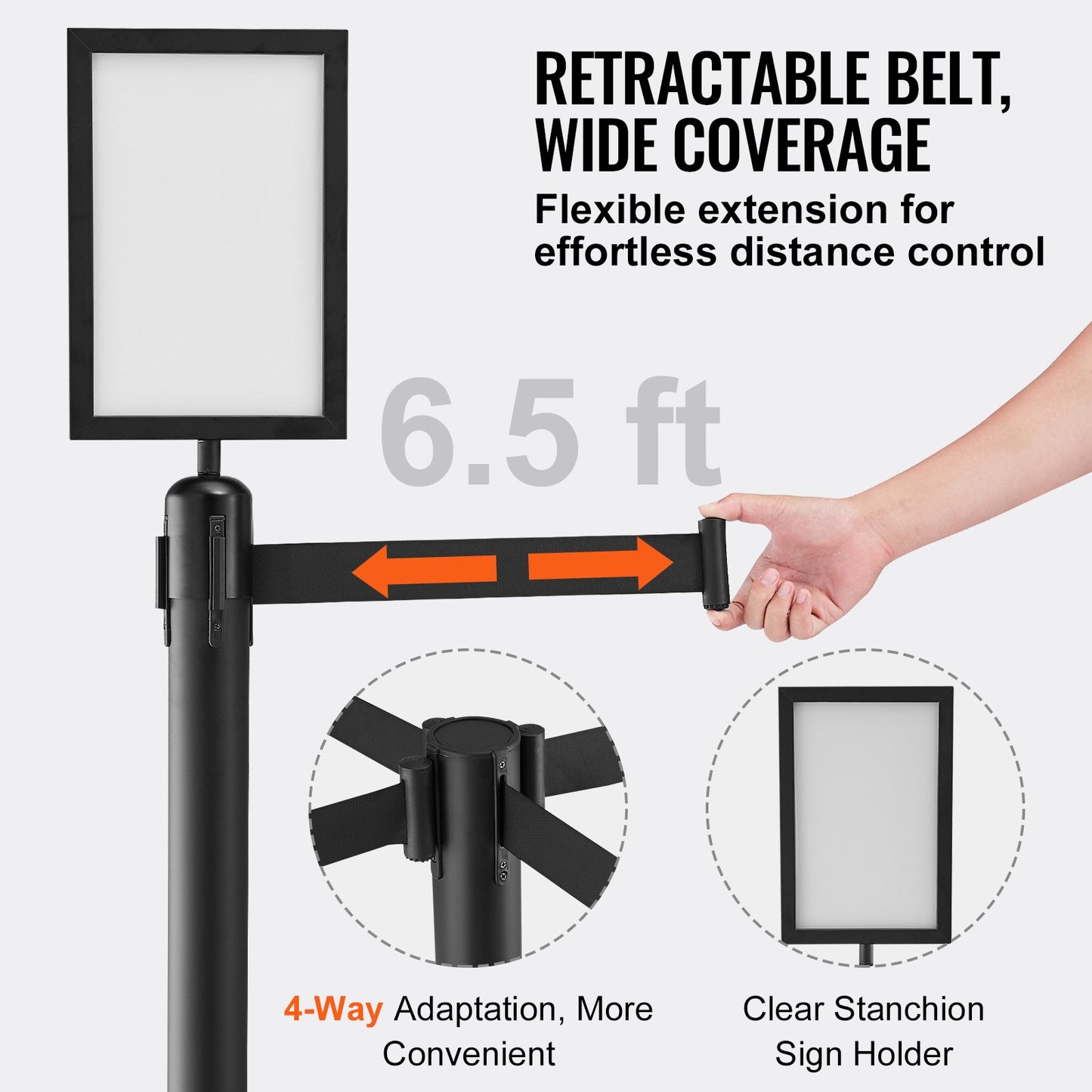 Crowd Control Stanchions, 6-Pack Crowd Control Barriers, Carbon Steel Baking Painted Stanchion Queue Post with Sign Holder & 3PCS 6.5FT Retractable Belt, Belt Barrier Line Divider, Easy Assembly