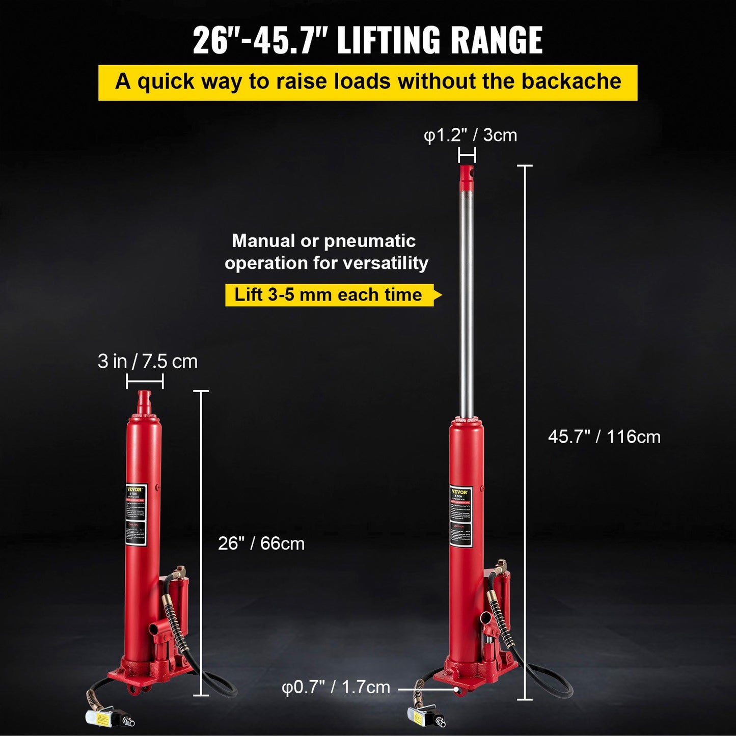 Hydraulic/Pneumatic Long Ram Jack, 8 Tons/17363 lbs Capacity, with Single Piston Pump and Clevis Base, Manual Cherry Picker with Handle, for Garage/Shop Cranes, Engine Lift Hoist, Red