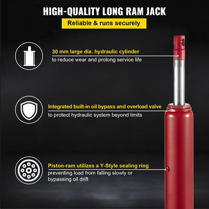 Hydraulic/Pneumatic Long Ram Jack, 8 Tons/17363 lbs Capacity, with Single Piston Pump and Clevis Base, Manual Cherry Picker with Handle, for Garage/Shop Cranes, Engine Lift Hoist, Red