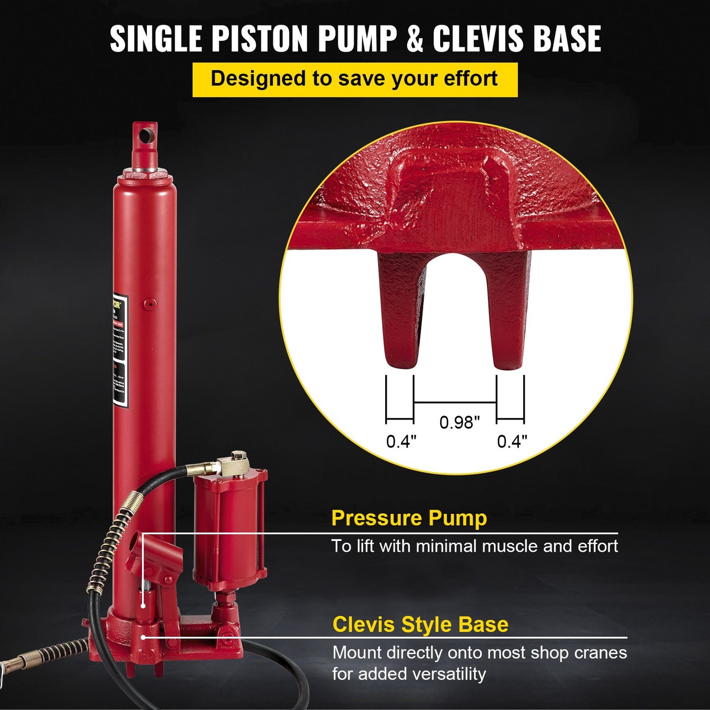 Hydraulic/Pneumatic Long Ram Jack, 8 Tons/17363 lbs Capacity, with Single Piston Pump and Clevis Base, Manual Cherry Picker with Handle, for Garage/Shop Cranes, Engine Lift Hoist, Red