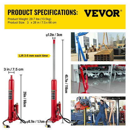 Hydraulic/Pneumatic Long Ram Jack, 8 Tons/17363 lbs Capacity, with Single Piston Pump and Clevis Base, Manual Cherry Picker with Handle, for Garage/Shop Cranes, Engine Lift Hoist, Red