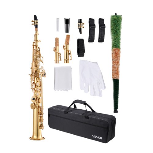 Straight Soprano Saxophone, B Flat, Brass Saxophone Beginner Kit with Carrying Case, Mouthpiece, Cleaning Cloth Rod, Gloves, Neck Strap, 23 Keys Soprano Sax Kit, for Beginners Students, Gold
