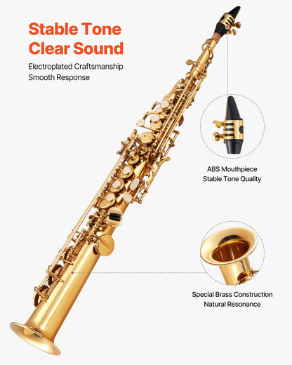 Straight Soprano Saxophone, B Flat, Brass Saxophone Beginner Kit with Carrying Case, Mouthpiece, Cleaning Cloth Rod, Gloves, Neck Strap, 23 Keys Soprano Sax Kit, for Beginners Students, Gold