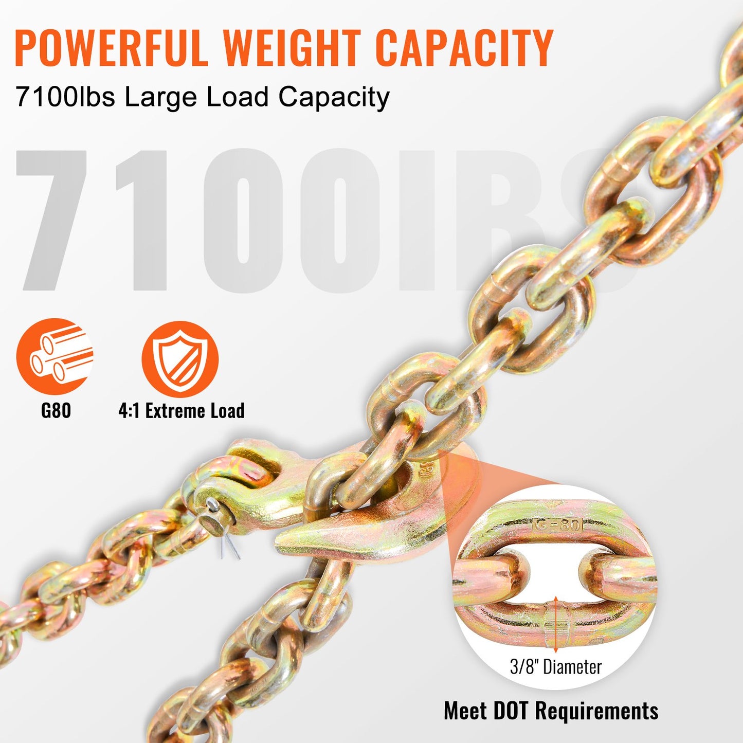 Transport Binder Chain, 7100 lbs Working Load Limit, 3/8'' x 20' G80 Tow Chain Tie Down with Grab Hooks, DOT Certified, Galvanized Coating Manganese Steel for Dock Factory Construction Site
