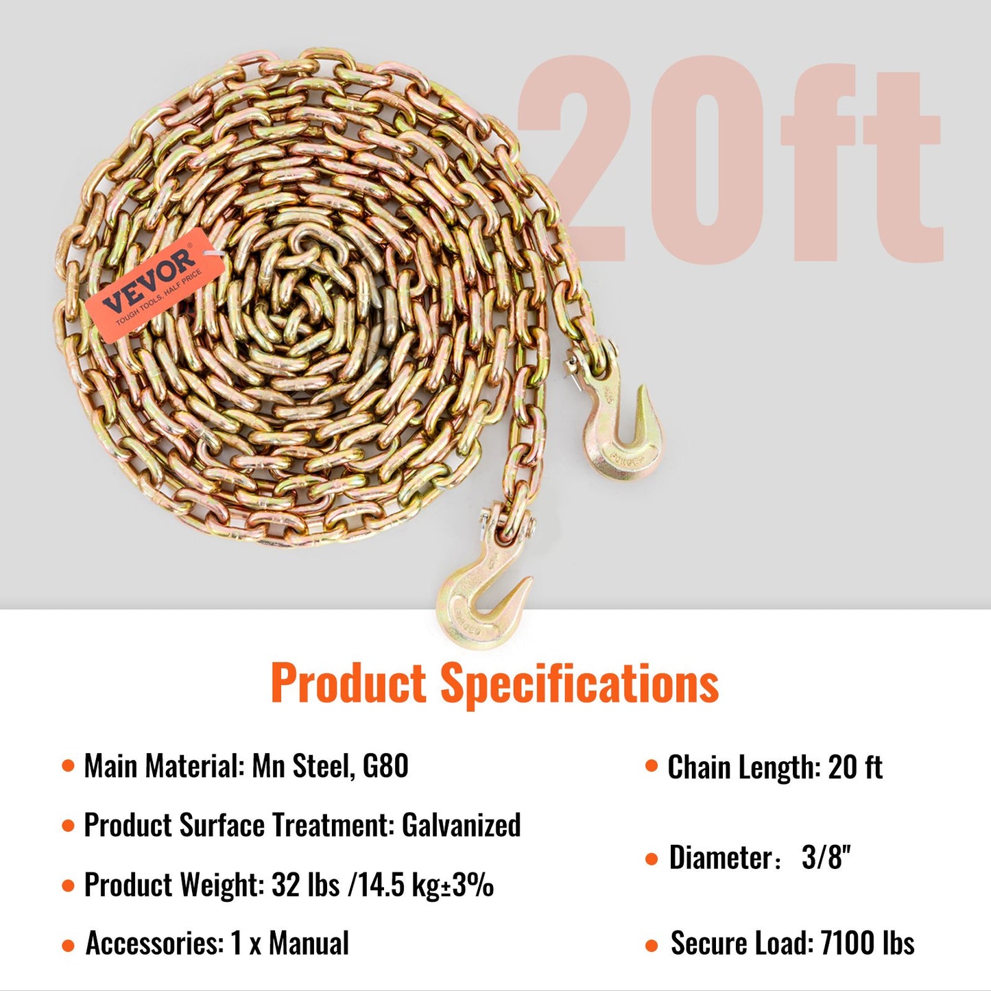 Transport Binder Chain, 7100 lbs Working Load Limit, 3/8'' x 20' G80 Tow Chain Tie Down with Grab Hooks, DOT Certified, Galvanized Coating Manganese Steel for Dock Factory Construction Site