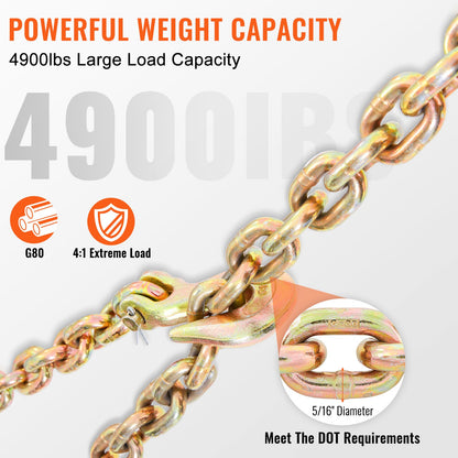Transport Binder Chain, 4900 lbs Working Load Limit, 5/16'' x 20' G80 Tow Chain Tie Down with Grab Hooks, DOT Certified, Galvanized Coating Manganese Steel for Dock Factory Construction Site