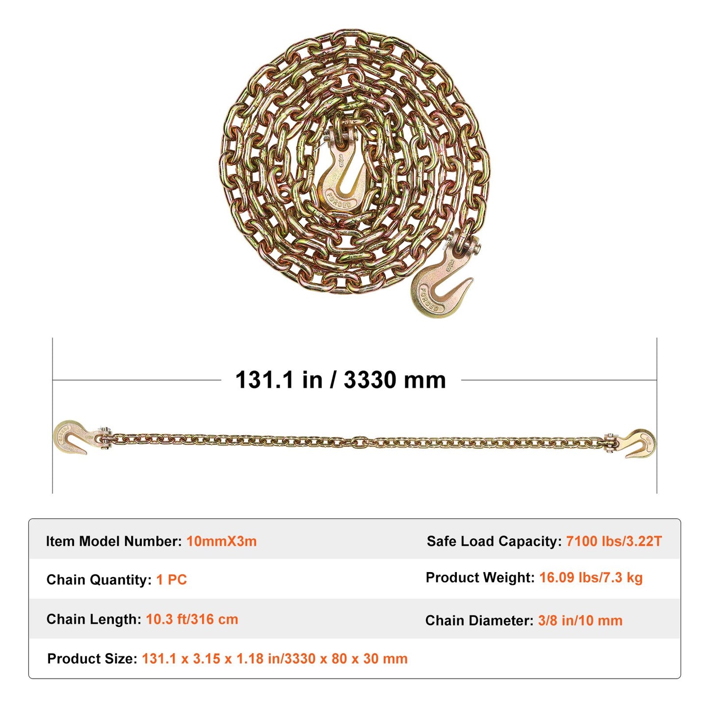 Binderkette G80 Zurrkette mit zwei Haken, 3/8" x 10,3', 7100 lbs