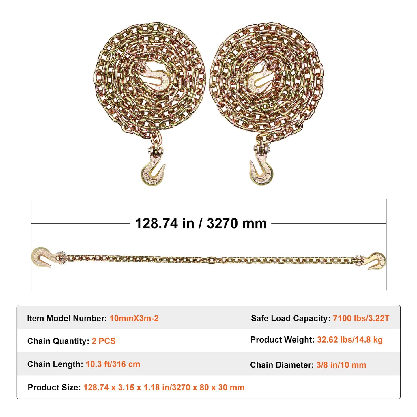 Binder Chain G80 Tie Down Dragkedja med krokar 3/8"x10,3' 2 Pack 7100 lbs