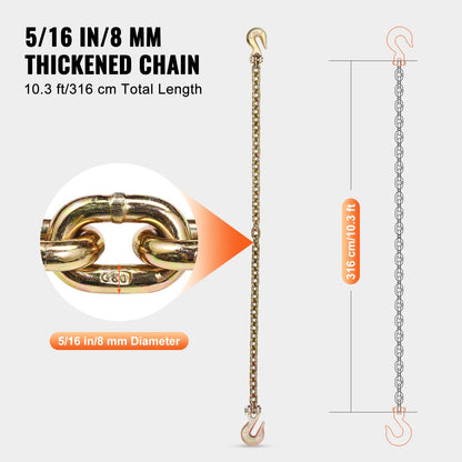 G80 Transport Binder Chain, 5/16" x 10.3' 2-Pack Tow Chain with Clevis Grab Hooks, 4900 lbs Safe Working Load, Heavy Duty Logging Chain for Transporting Towing Truck Tie Down Binding Equipment