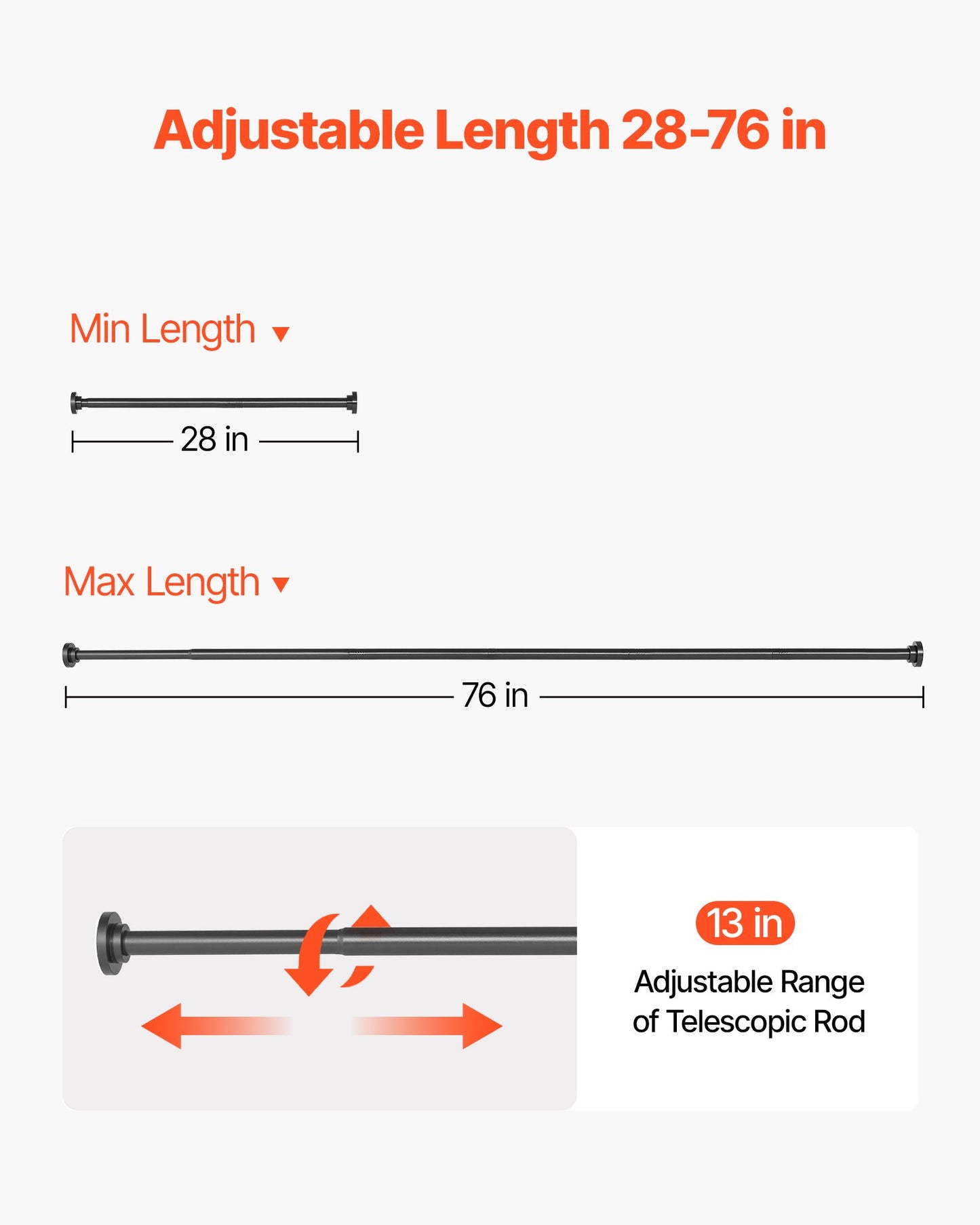 Shower Curtain Rod, 28-76 Inches, 1 Inch Diameter, Adjustable Spring Tension Stainless Steel Telescoping Rod with Holders, No Drilling Non-Slip for Bathroom, Closet, Window, Room Divider, Black