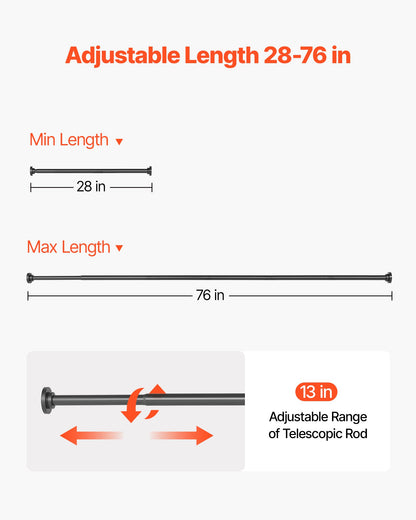 Shower Curtain Rod, 28-76 Inches, 1 Inch Diameter, Adjustable Spring Tension Stainless Steel Telescoping Rod with Holders, No Drilling Non-Slip for Bathroom, Closet, Window, Room Divider, Black
