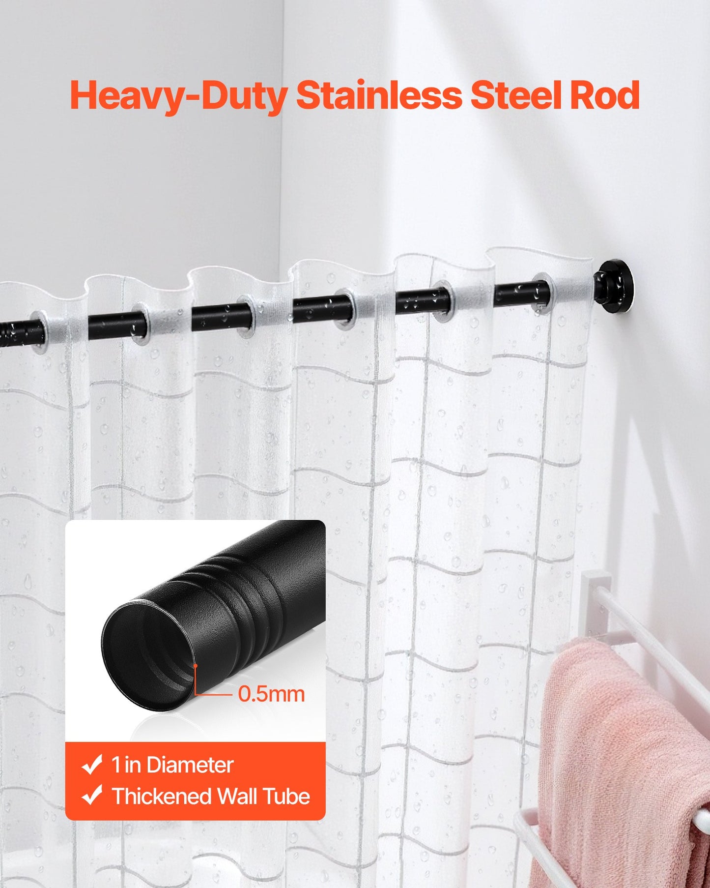 Shower Curtain Rod, 28-76 Inches, 1 Inch Diameter, Adjustable Spring Tension Stainless Steel Telescoping Rod with Holders, No Drilling Non-Slip for Bathroom, Closet, Window, Room Divider, Black