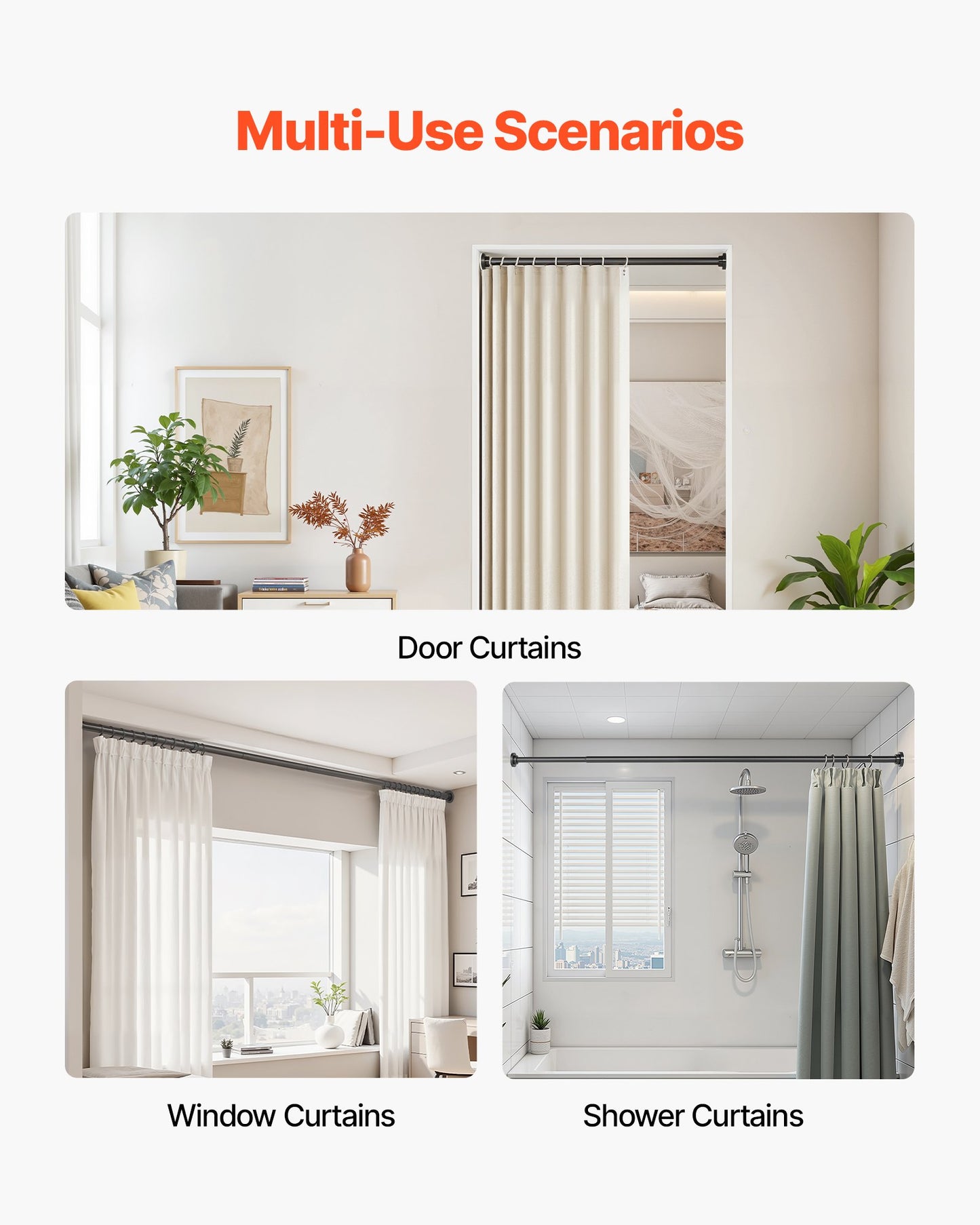 Shower Curtain Rod, 28-76 Inches, 1 Inch Diameter, Adjustable Spring Tension Stainless Steel Telescoping Rod with Holders, No Drilling Non-Slip for Bathroom, Closet, Window, Room Divider, Black