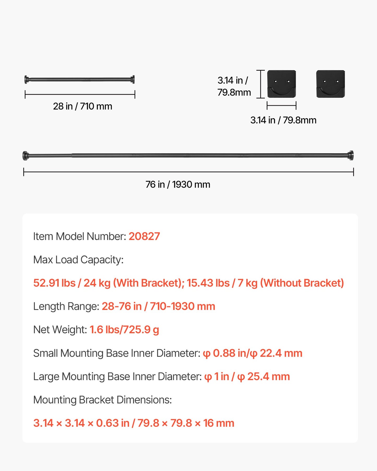 Shower Curtain Rod, 28-76 Inches, 1 Inch Diameter, Adjustable Spring Tension Stainless Steel Telescoping Rod with Holders, No Drilling Non-Slip for Bathroom, Closet, Window, Room Divider, Black