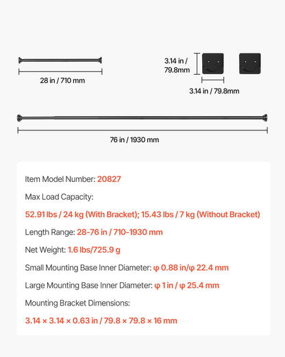 Shower Curtain Rod, 28-76 Inches, 1 Inch Diameter, Adjustable Spring Tension Stainless Steel Telescoping Rod with Holders, No Drilling Non-Slip for Bathroom, Closet, Window, Room Divider, Black