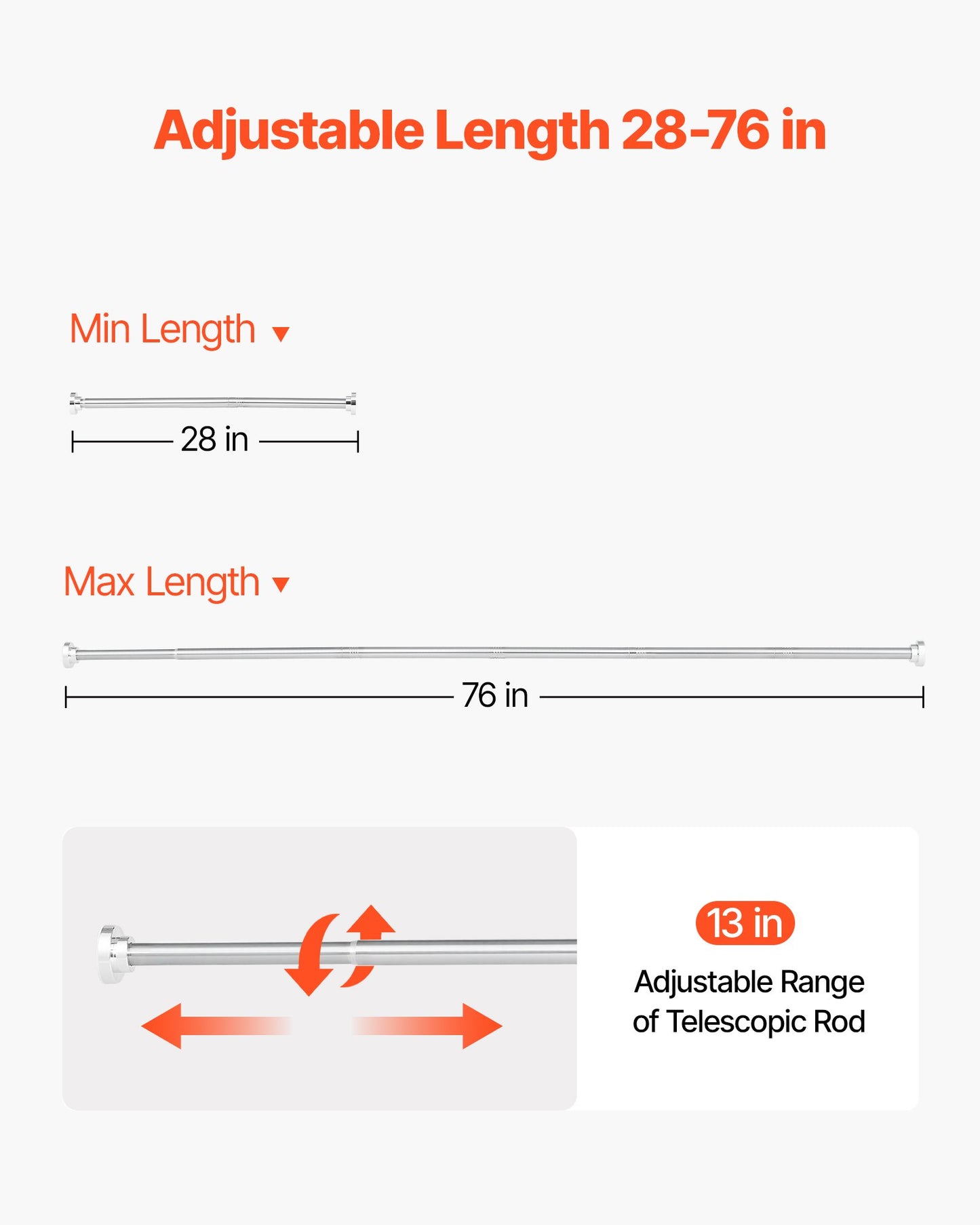 Shower Curtain Rod, 28-76 Inches, 1 Inch Diameter Adjustable Spring Tension Stainless Steel Telescoping Rod with Holders, No Drilling Non-Slip for Bathroom, Closet, Window, Room Divider, Silver