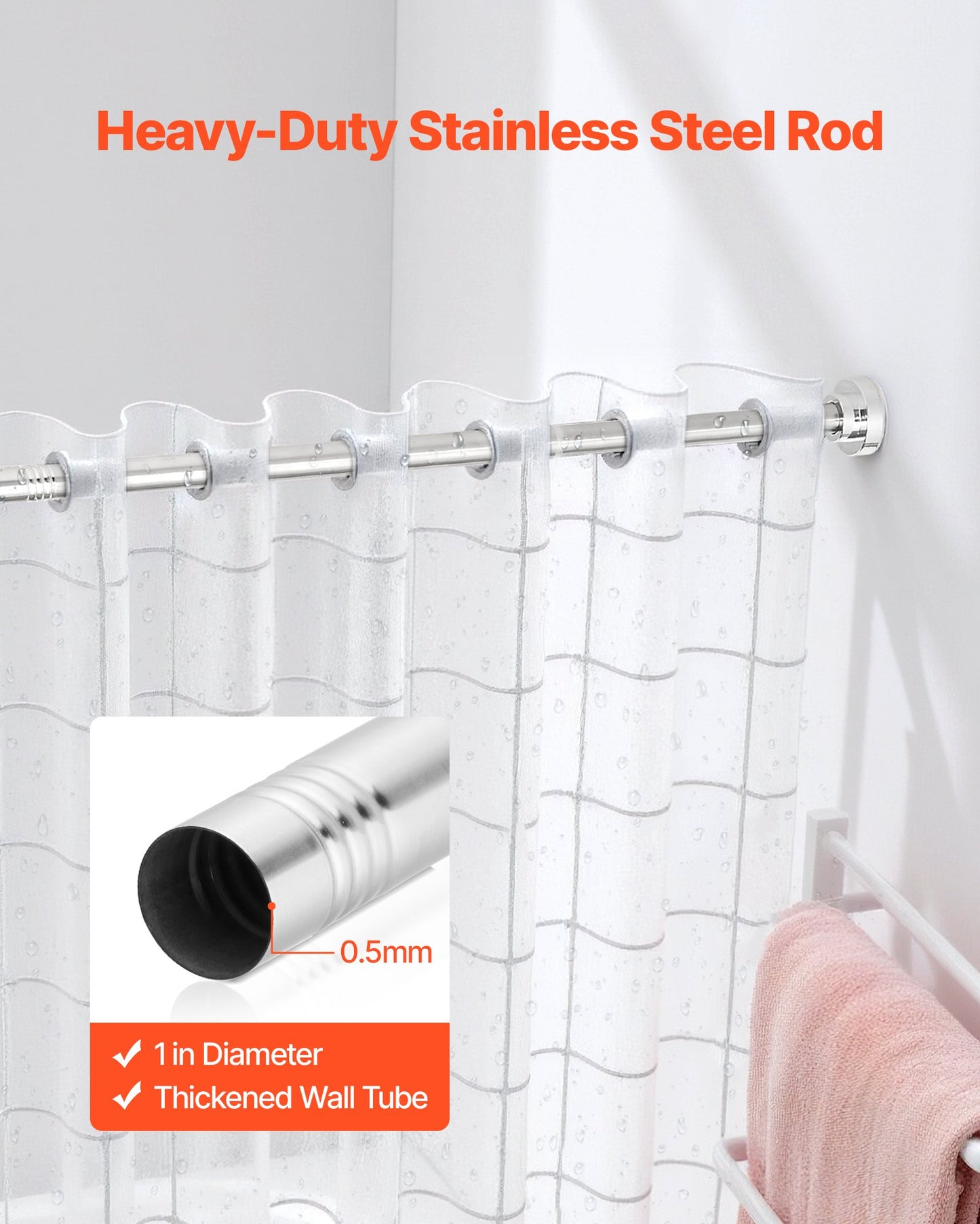 Shower Curtain Rod, 28-76 Inches, 1 Inch Diameter Adjustable Spring Tension Stainless Steel Telescoping Rod with Holders, No Drilling Non-Slip for Bathroom, Closet, Window, Room Divider, Silver