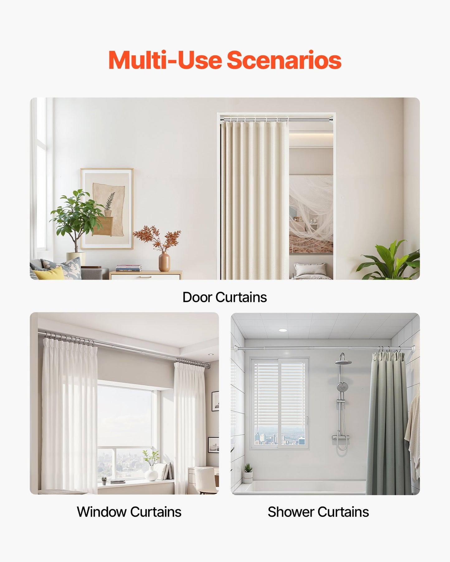 Shower Curtain Rod, 28-76 Inches, 1 Inch Diameter Adjustable Spring Tension Stainless Steel Telescoping Rod with Holders, No Drilling Non-Slip for Bathroom, Closet, Window, Room Divider, Silver