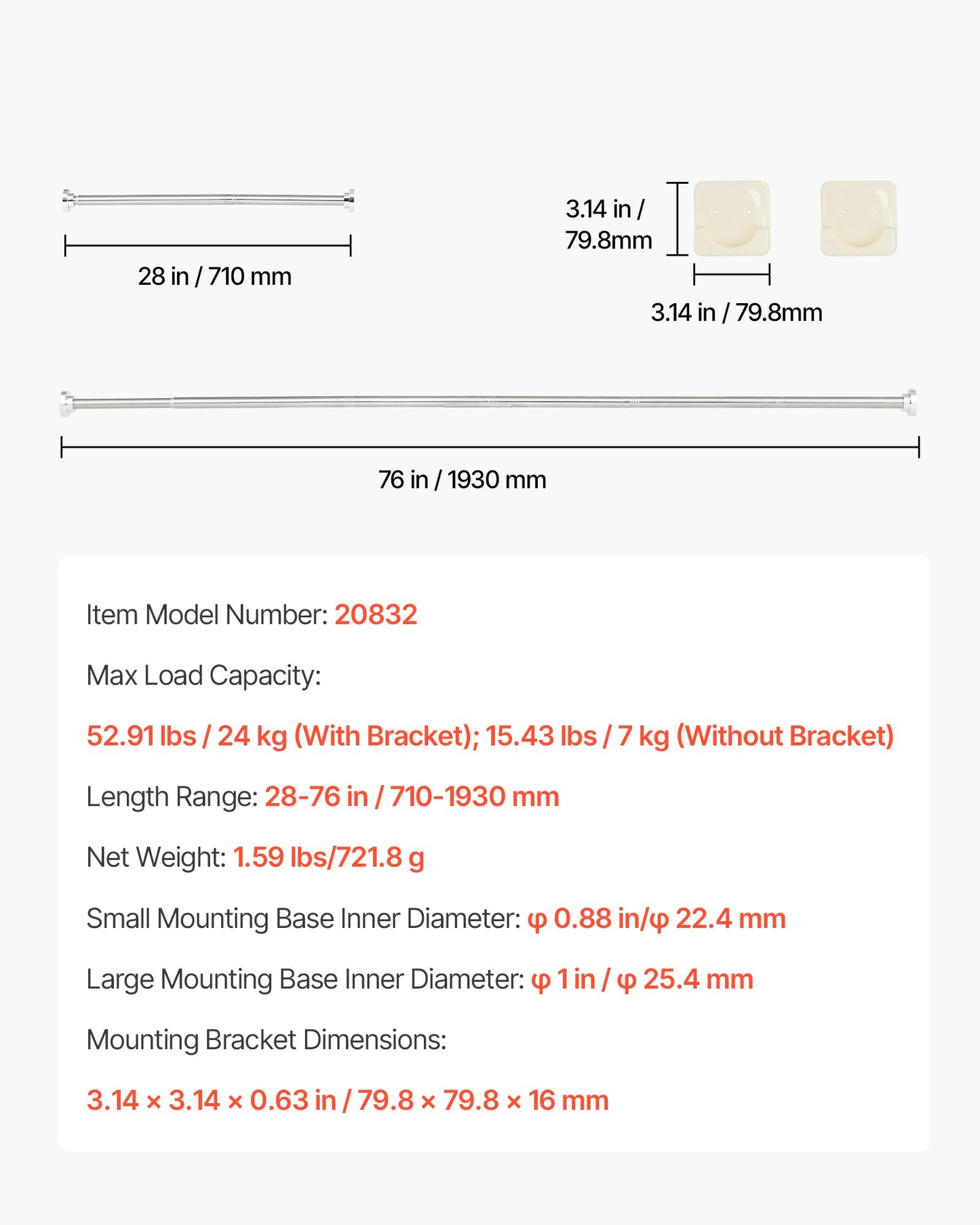 Shower Curtain Rod, 28-76 Inches, 1 Inch Diameter Adjustable Spring Tension Stainless Steel Telescoping Rod with Holders, No Drilling Non-Slip for Bathroom, Closet, Window, Room Divider, Silver