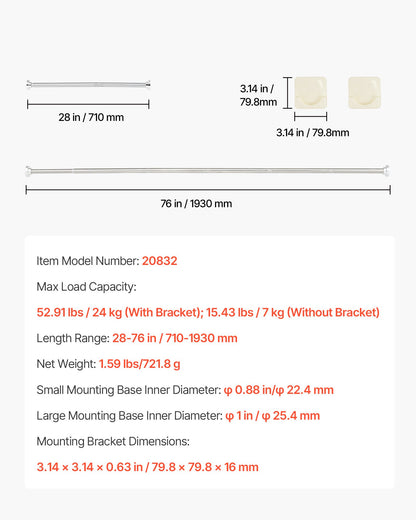 Shower Curtain Rod, 28-76 Inches, 1 Inch Diameter Adjustable Spring Tension Stainless Steel Telescoping Rod with Holders, No Drilling Non-Slip for Bathroom, Closet, Window, Room Divider, Silver