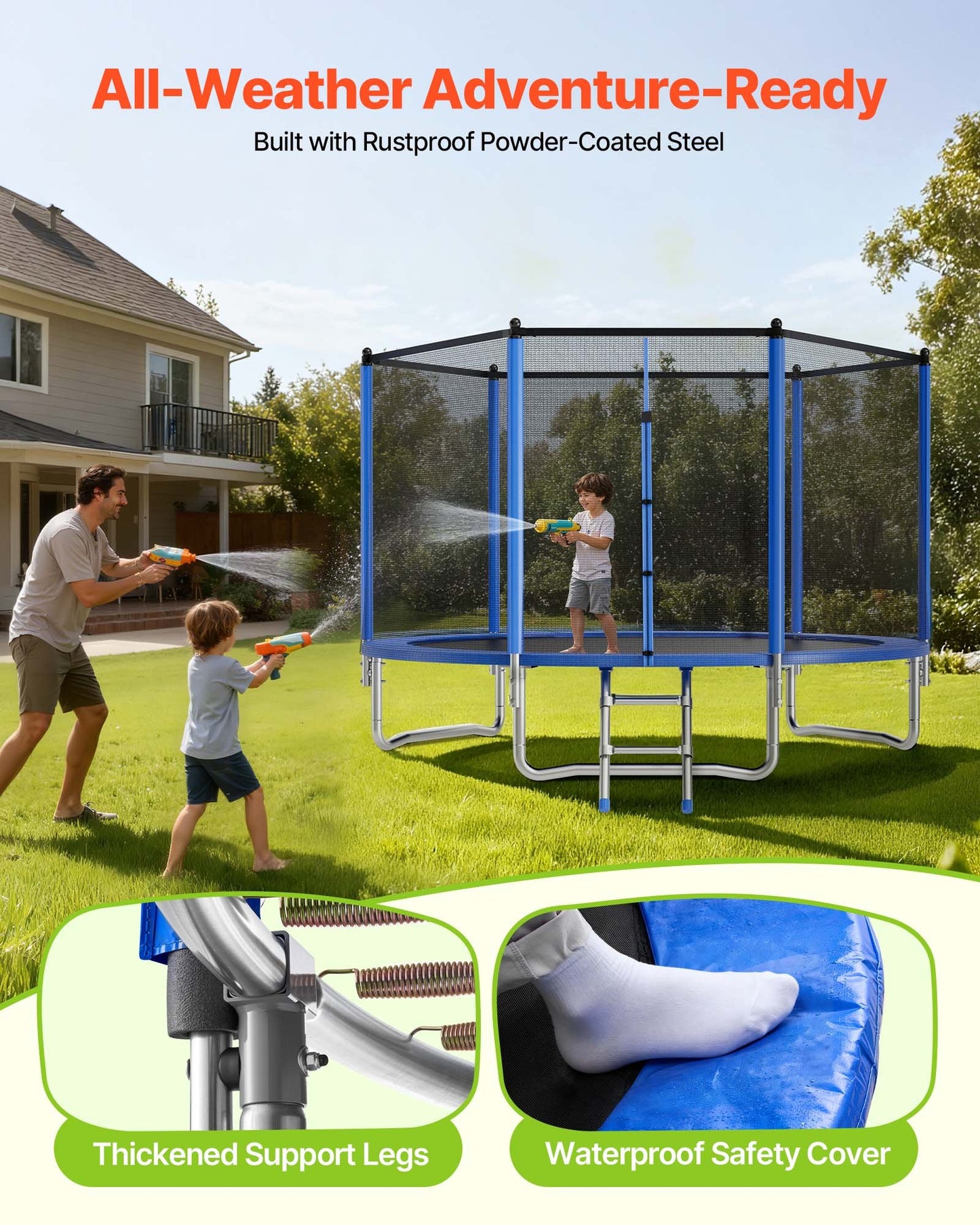 Outdoor Trampoline, 10FT Round Recreational Trampoline with Enclosure Net, ASTM Approved, Heavy Duty Trampolines, Max 330 lbs Weight Capacity, Anti-Rust Backyard Trampolines for Kids & Adults