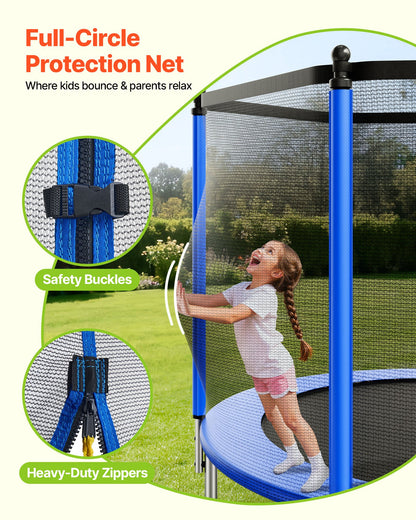 Outdoor Trampoline, 8FT Round Recreational Trampoline with Enclosure Net, ASTM Approved, Heavy Duty Trampolines, Max 265 lbs Weight Capacity, Anti-Rust Backyard Trampolines for Kids & Adults