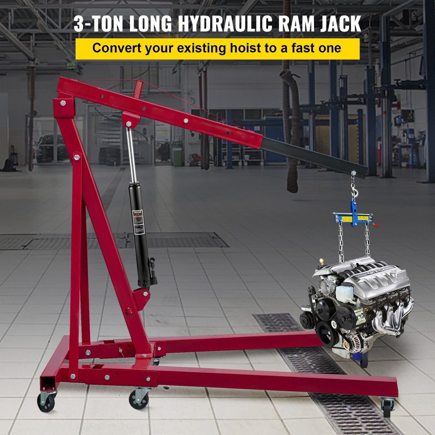 Hydraulic Long Ram Jack, 3 ton/6600 lbs kapacitet, med enkelkolvspump och sprintbas, manuell körsbärsplockare med handtag, för garage-/butikskranar, motorlyft, svart