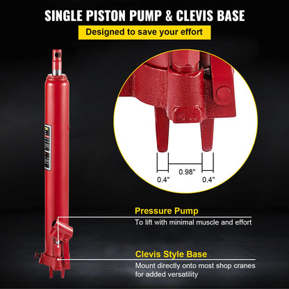 Hydraulic Long Ram Jack, 3 Tons/6600 lbs Capacity, with Single Piston Pump and Clevis Base, Manual Cherry Picker with Handle, for Garage/Shop Cranes, Engine Lift Hoist, Red