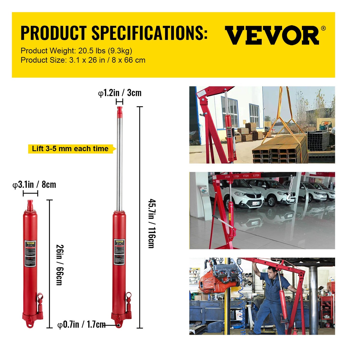 Hydraulic Long Ram Jack, 3 Tons/6600 lbs Capacity, with Single Piston Pump and Clevis Base, Manual Cherry Picker with Handle, for Garage/Shop Cranes, Engine Lift Hoist, Red