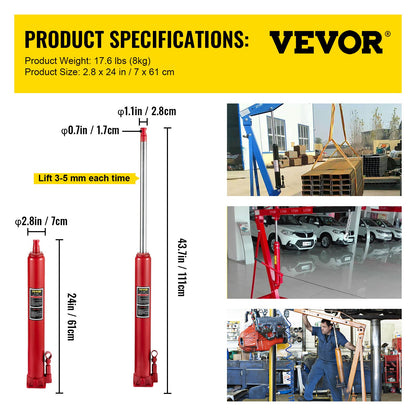 Hydraulic Long Ram Jack, 4 Tons/8818 lbs Capacity, with Single Piston Pump and Flat Base, Manual Cherry Picker with Handle, for Garage/Shop Cranes, Engine Lift Hoist, Red