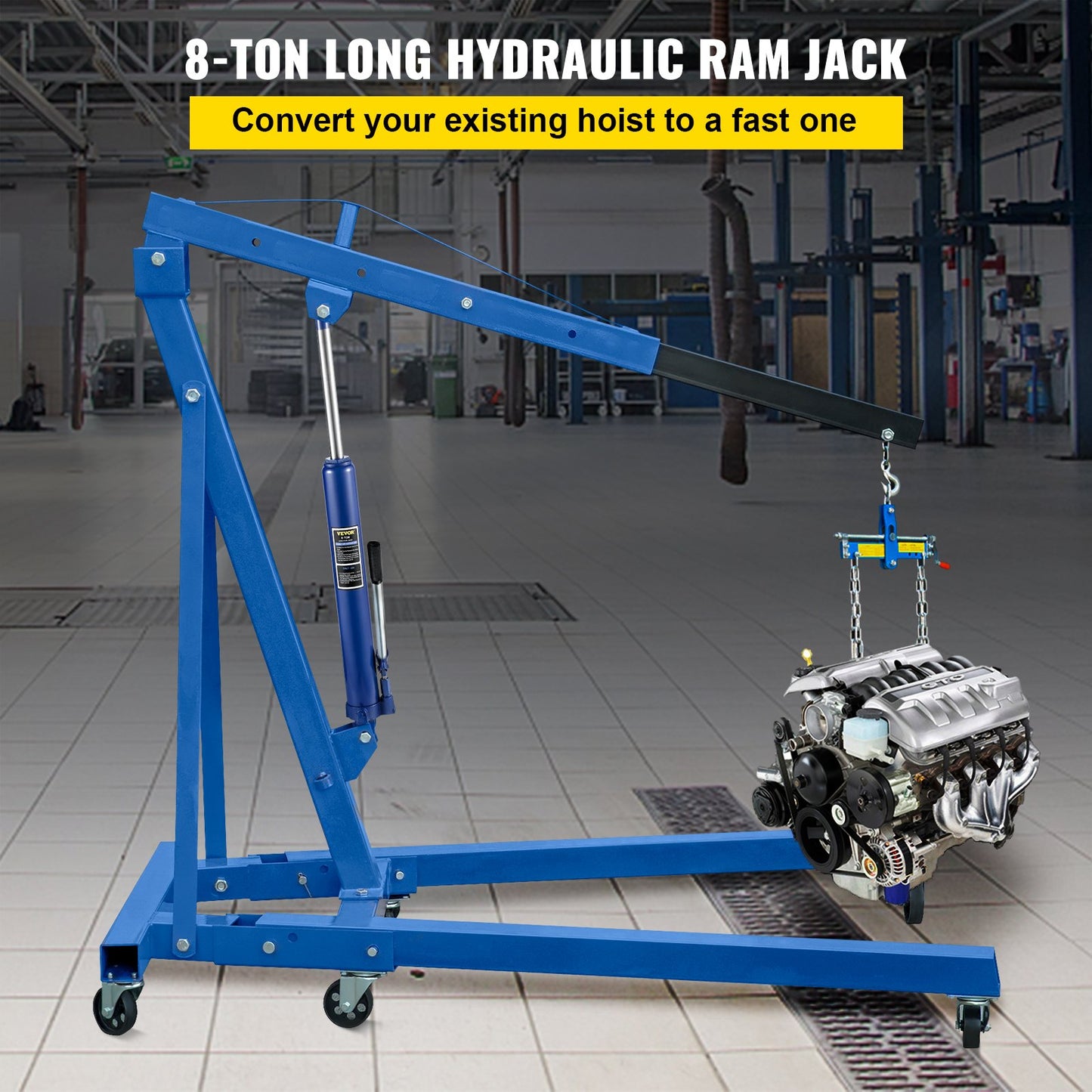 Hydraulic Long Ram Jack, 8 ton/17363 lbs Kapacitet, med enkelkolvspump och gaffelbas, manuell körsbärsplockare med handtag, för garage/verkstadskranar, motorlyftlyft, blå