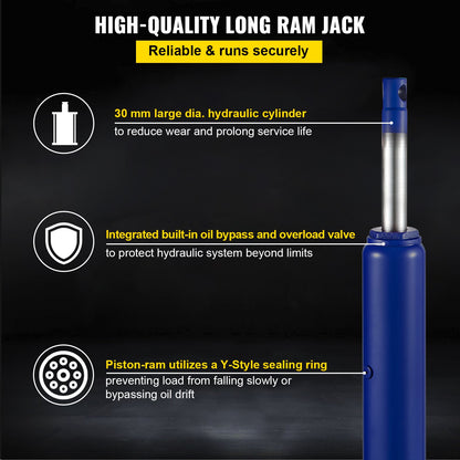 Hydraulic Long Ram Jack, 8 ton/17363 lbs Kapacitet, med enkelkolvspump och gaffelbas, manuell körsbärsplockare med handtag, för garage/verkstadskranar, motorlyftlyft, blå