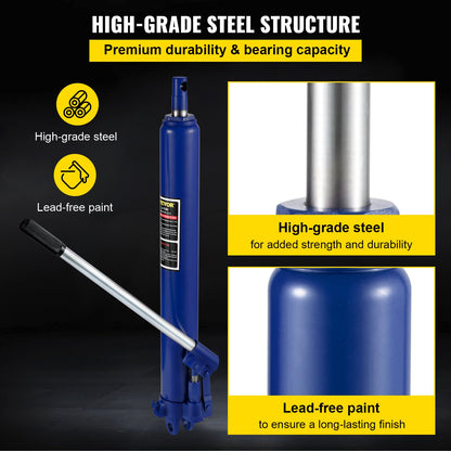 Hydraulic Long Ram Jack, 8 ton/17363 lbs Kapacitet, med enkelkolvspump och gaffelbas, manuell körsbärsplockare med handtag, för garage/verkstadskranar, motorlyftlyft, blå