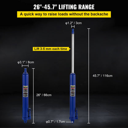 Hydraulic Long Ram Jack, 8 Tons/17363 lbs Capacity, with Single Piston Pump and Clevis Base, Manual Cherry Picker with Handle, for Garage/Shop Cranes, Engine Lift Hoist, Blue