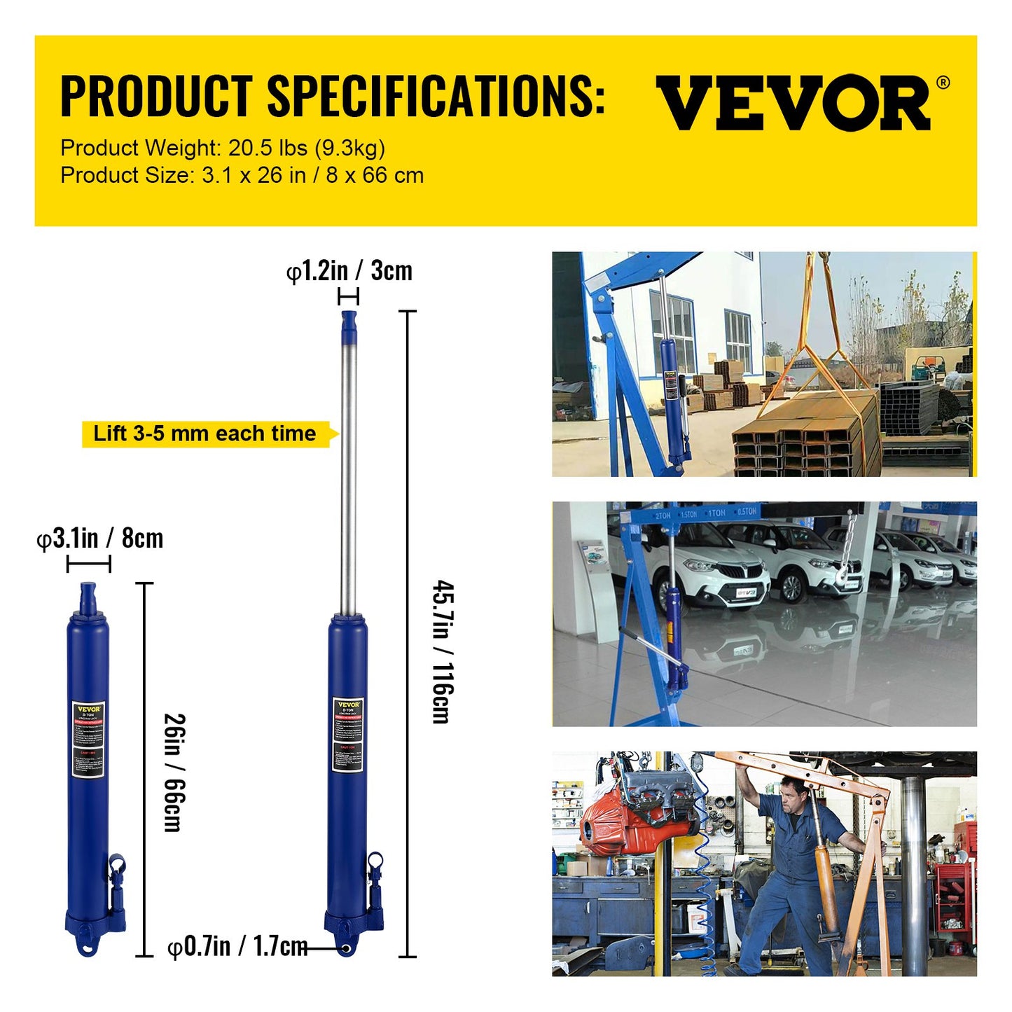Hydraulic Long Ram Jack, 8 Tons/17363 lbs Capacity, with Single Piston Pump and Clevis Base, Manual Cherry Picker with Handle, for Garage/Shop Cranes, Engine Lift Hoist, Blue