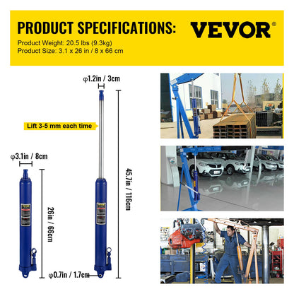 Hydraulic Long Ram Jack, 8 Tons/17363 lbs Capacity, with Single Piston Pump and Clevis Base, Manual Cherry Picker with Handle, for Garage/Shop Cranes, Engine Lift Hoist, Blue