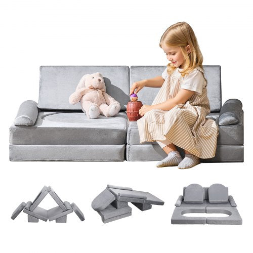 Modular Kids Play Couch, Sectional Toddler Sofa with Armrests, 28D Sponge & Short Pile, Convertible Kids Modular Couch DIY Creative Combination for Playroom, Bedroom, Living Room, 10 Pcs, Gray