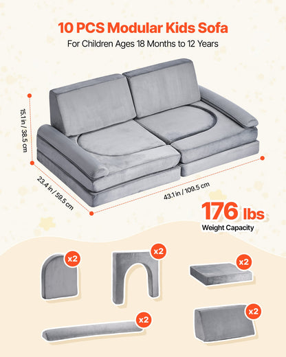 Modular Kids Play Couch, Sectional Toddler Sofa with Armrests, 28D Sponge & Short Pile, Convertible Kids Modular Couch DIY Creative Combination for Playroom, Bedroom, Living Room, 10 Pcs, Gray