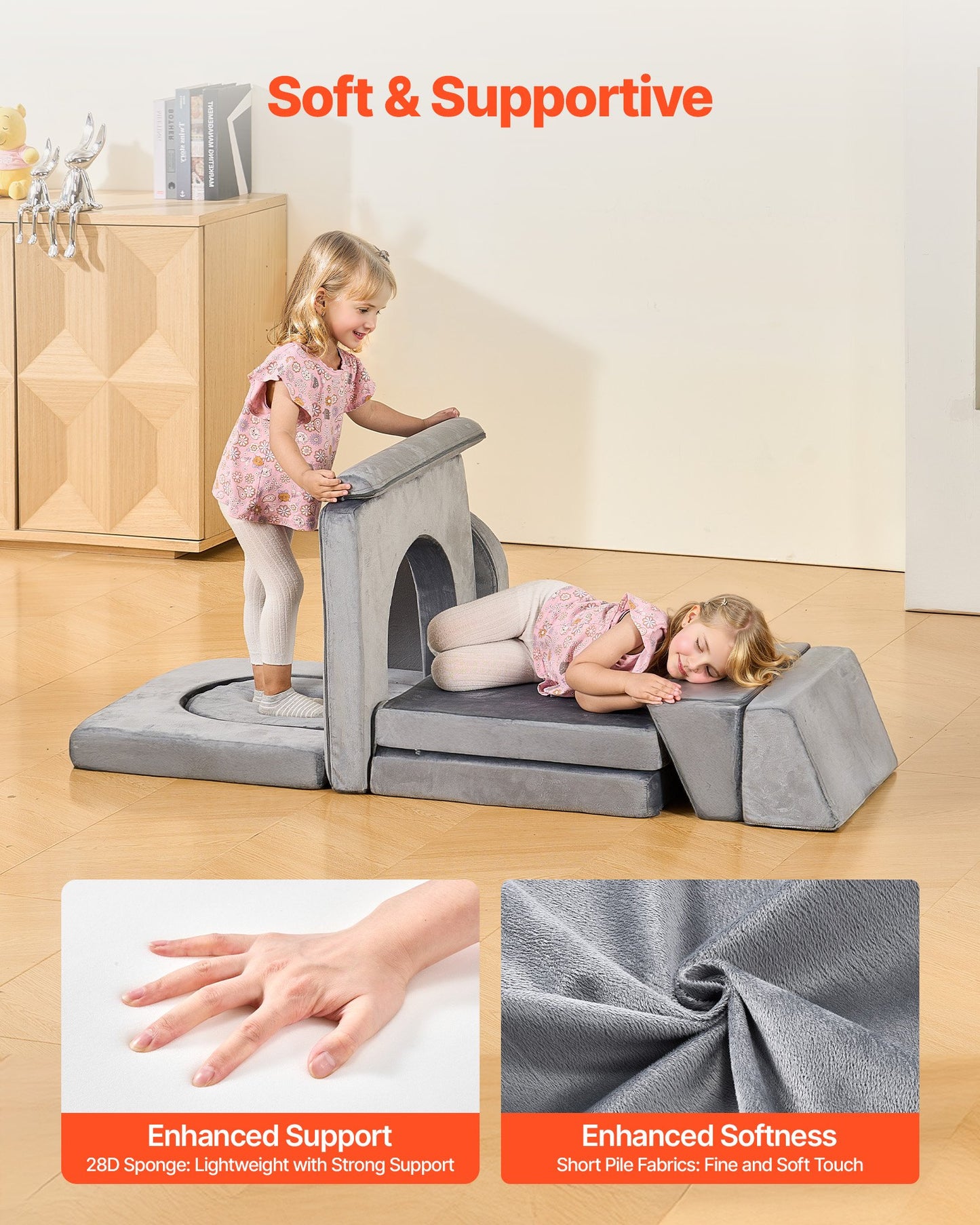 Modular Kids Play Couch, Sectional Toddler Sofa with Armrests, 28D Sponge & Short Pile, Convertible Kids Modular Couch DIY Creative Combination for Playroom, Bedroom, Living Room, 10 Pcs, Gray