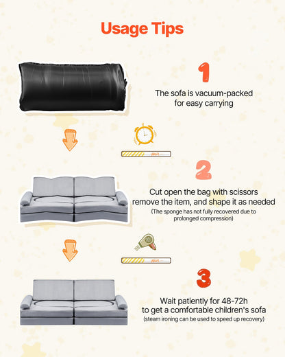 Modular Kids Play Couch, Sectional Toddler Sofa with Armrests, 28D Sponge & Short Pile, Convertible Kids Modular Couch DIY Creative Combination for Playroom, Bedroom, Living Room, 10 Pcs, Gray