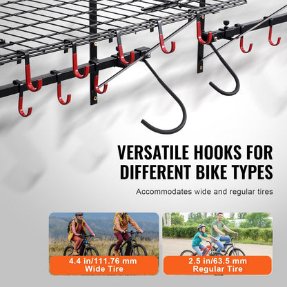 Bike Storage Rack, 4 Bike Racks, Wall Mount Bike Storage Hanger with 2 Shelves, Home and Garage Organizer, Customizable for Various Bike Sizes, Adjustable Holder, Holds Up to 500 lbs, 63-inch
