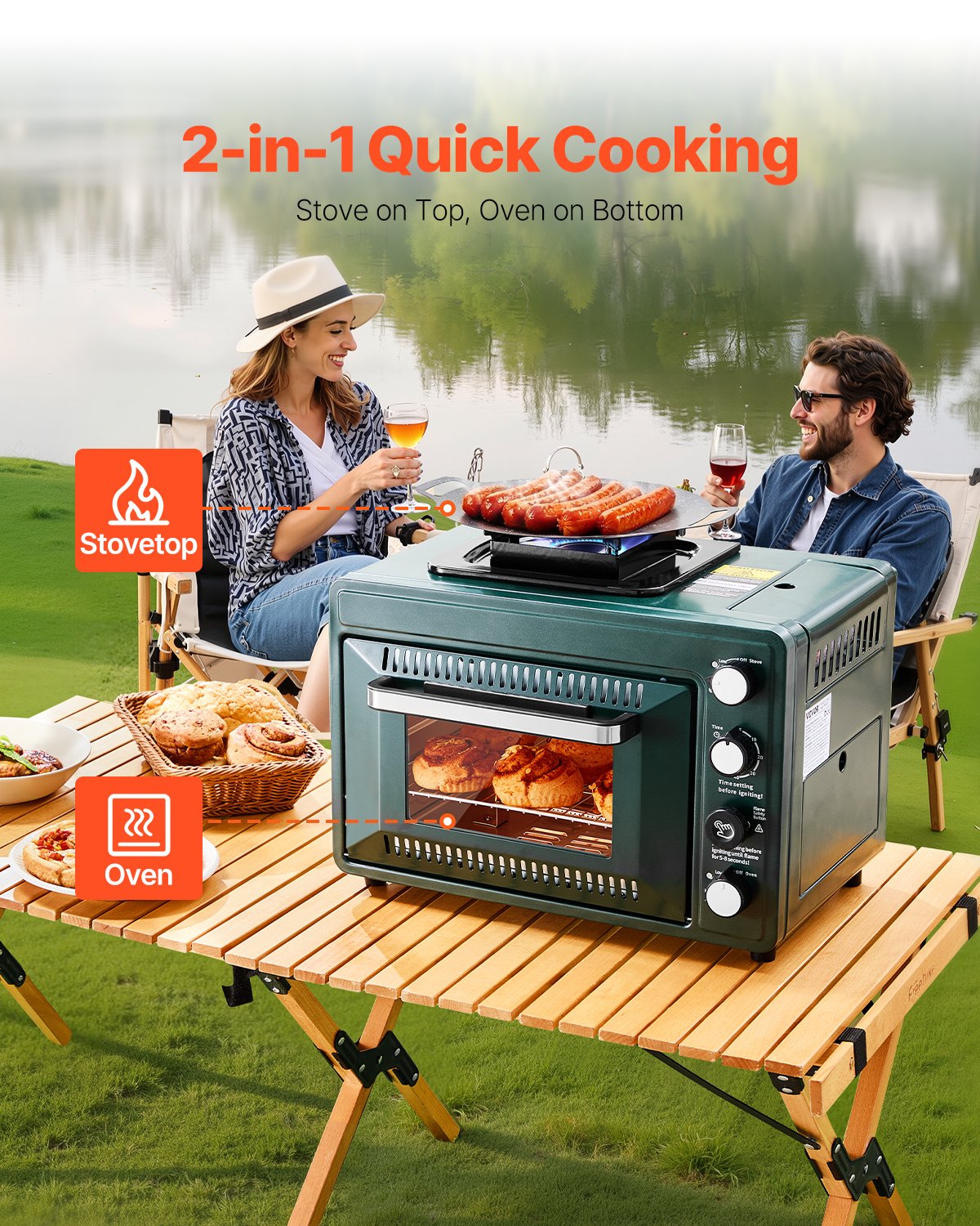 Outdoor Oven, 2-in-1 Portable Gas Camping Stove Oven Combo, Adjustable Fire, 60-Minute Timer, Windproof, with Grill Shelf and Roasting Tray, for Camping Gear Backyard Picnic Outdoor Cooking