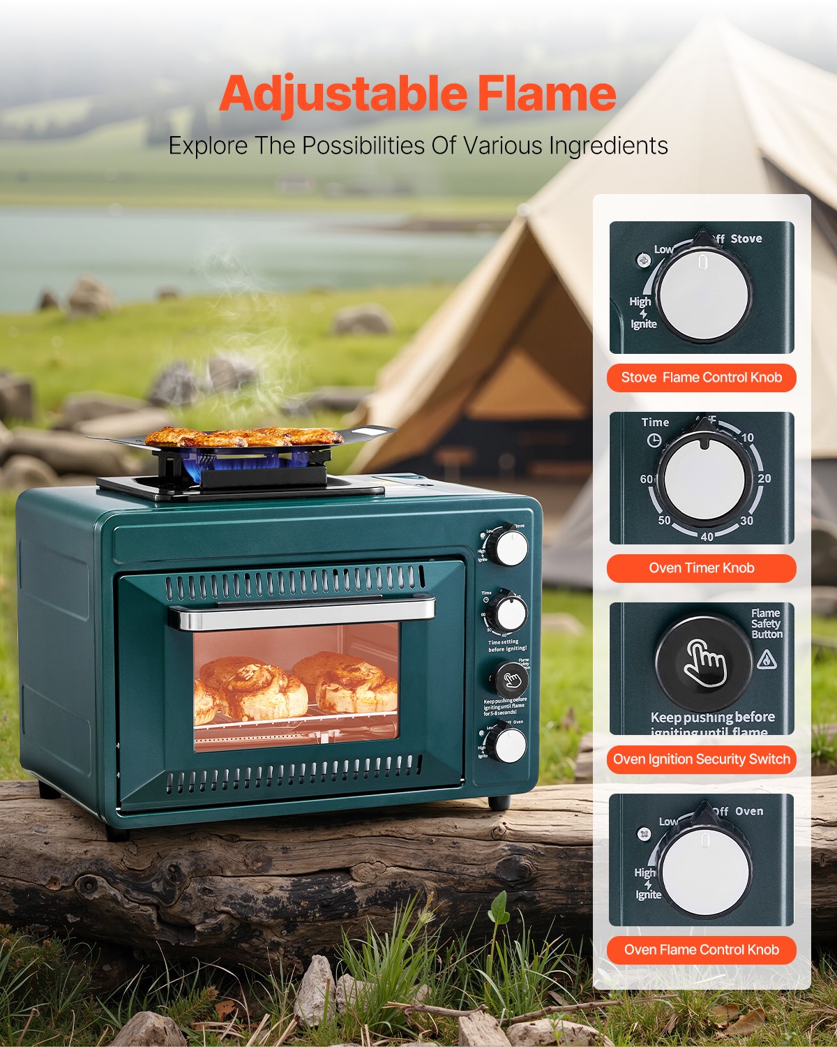 Outdoor Oven, 2-in-1 Portable Gas Camping Stove Oven Combo, Adjustable Fire, 60-Minute Timer, Windproof, with Grill Shelf and Roasting Tray, for Camping Gear Backyard Picnic Outdoor Cooking
