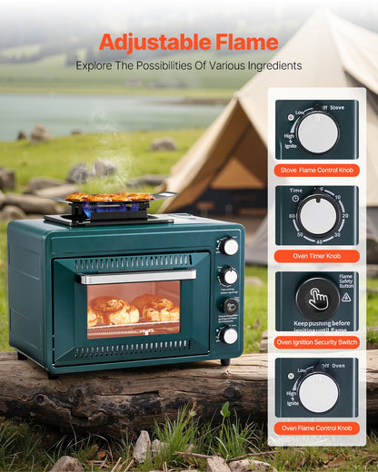 Outdoor Oven, 2-in-1 Portable Gas Camping Stove Oven Combo, Adjustable Fire, 60-Minute Timer, Windproof, with Grill Shelf and Roasting Tray, for Camping Gear Backyard Picnic Outdoor Cooking