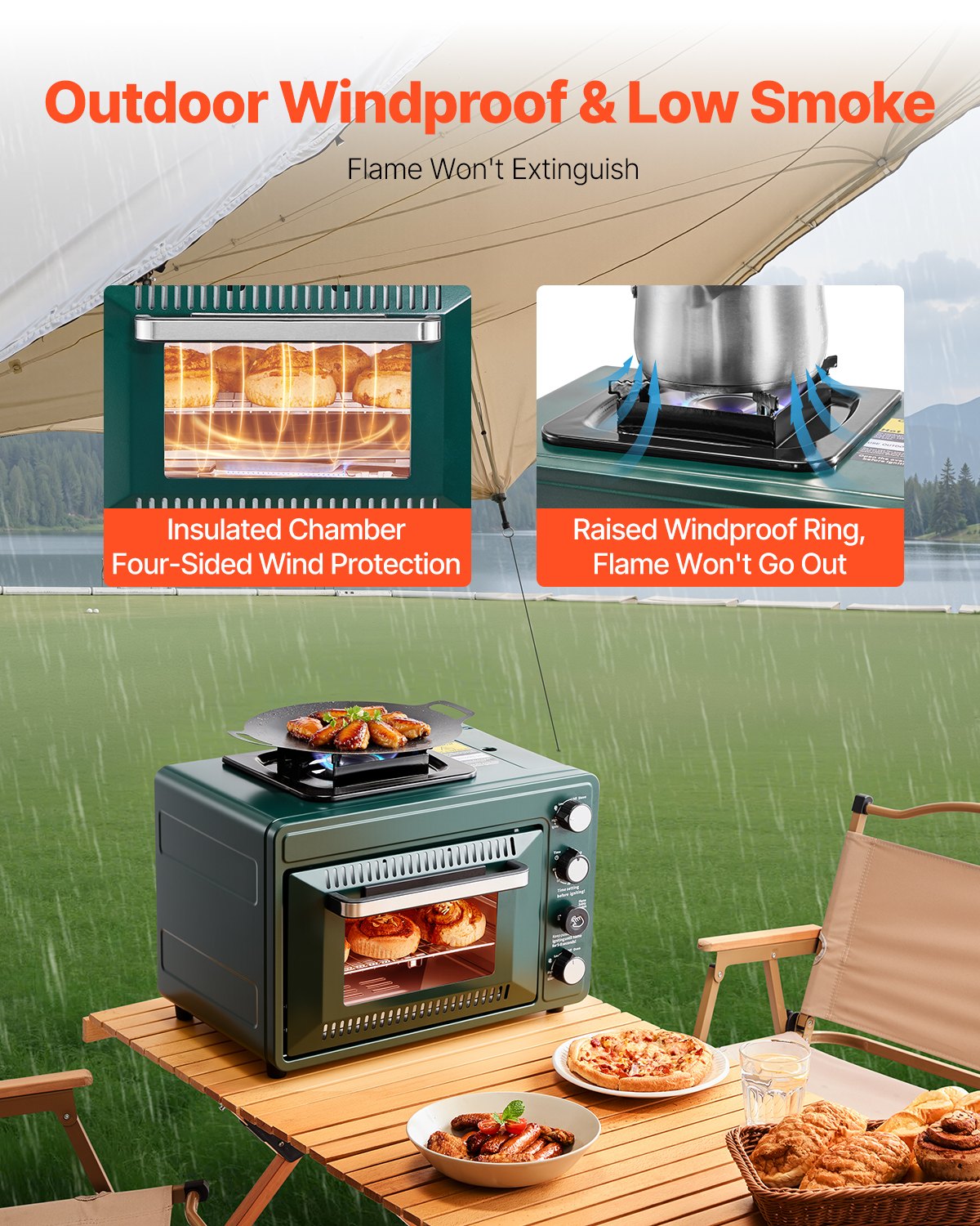 Outdoor Oven, 2-in-1 Portable Gas Camping Stove Oven Combo, Adjustable Fire, 60-Minute Timer, Windproof, with Grill Shelf and Roasting Tray, for Camping Gear Backyard Picnic Outdoor Cooking
