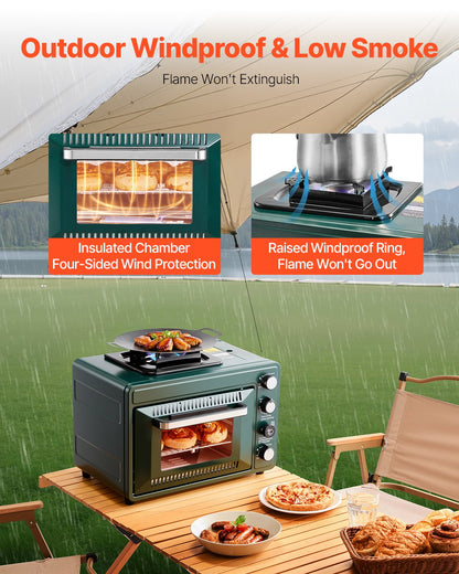 Outdoor Oven, 2-in-1 Portable Gas Camping Stove Oven Combo, Adjustable Fire, 60-Minute Timer, Windproof, with Grill Shelf and Roasting Tray, for Camping Gear Backyard Picnic Outdoor Cooking