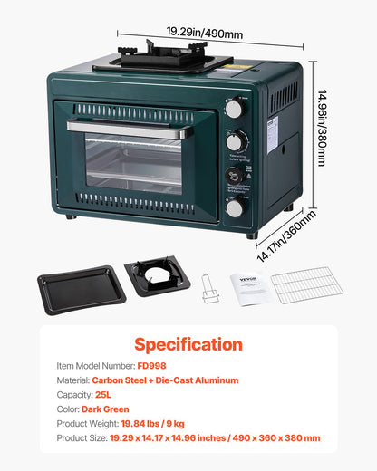 Outdoor Oven, 2-in-1 Portable Gas Camping Stove Oven Combo, Adjustable Fire, 60-Minute Timer, Windproof, with Grill Shelf and Roasting Tray, for Camping Gear Backyard Picnic Outdoor Cooking