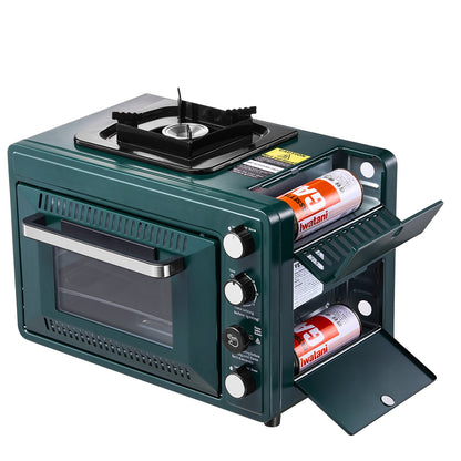 Outdoor Oven, 2-in-1 Portable Gas Camping Stove Oven Combo, Adjustable Fire, 60-Minute Timer, Windproof, with Grill Shelf and Roasting Tray, for Camping Gear Backyard Picnic Outdoor Cooking