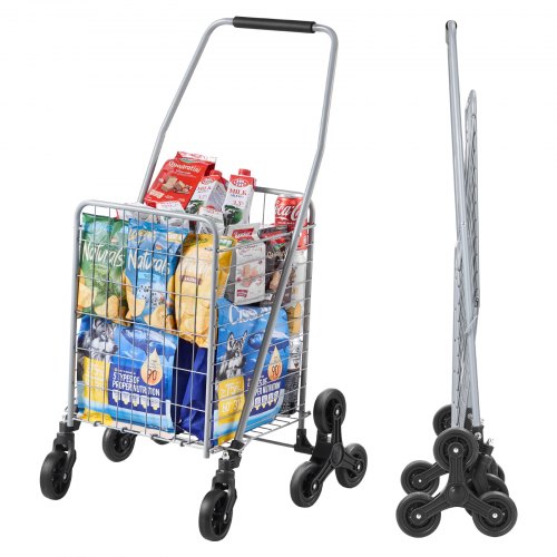Grocery Shopping Cart, 45L Stair Climbing Shopping Cart with 360° Rolling Swivel Wheels, Stair Climber Utility Cart with Tri-Wheels, Foldable Collapsible & Lightweight for Laundry Travel, Silver