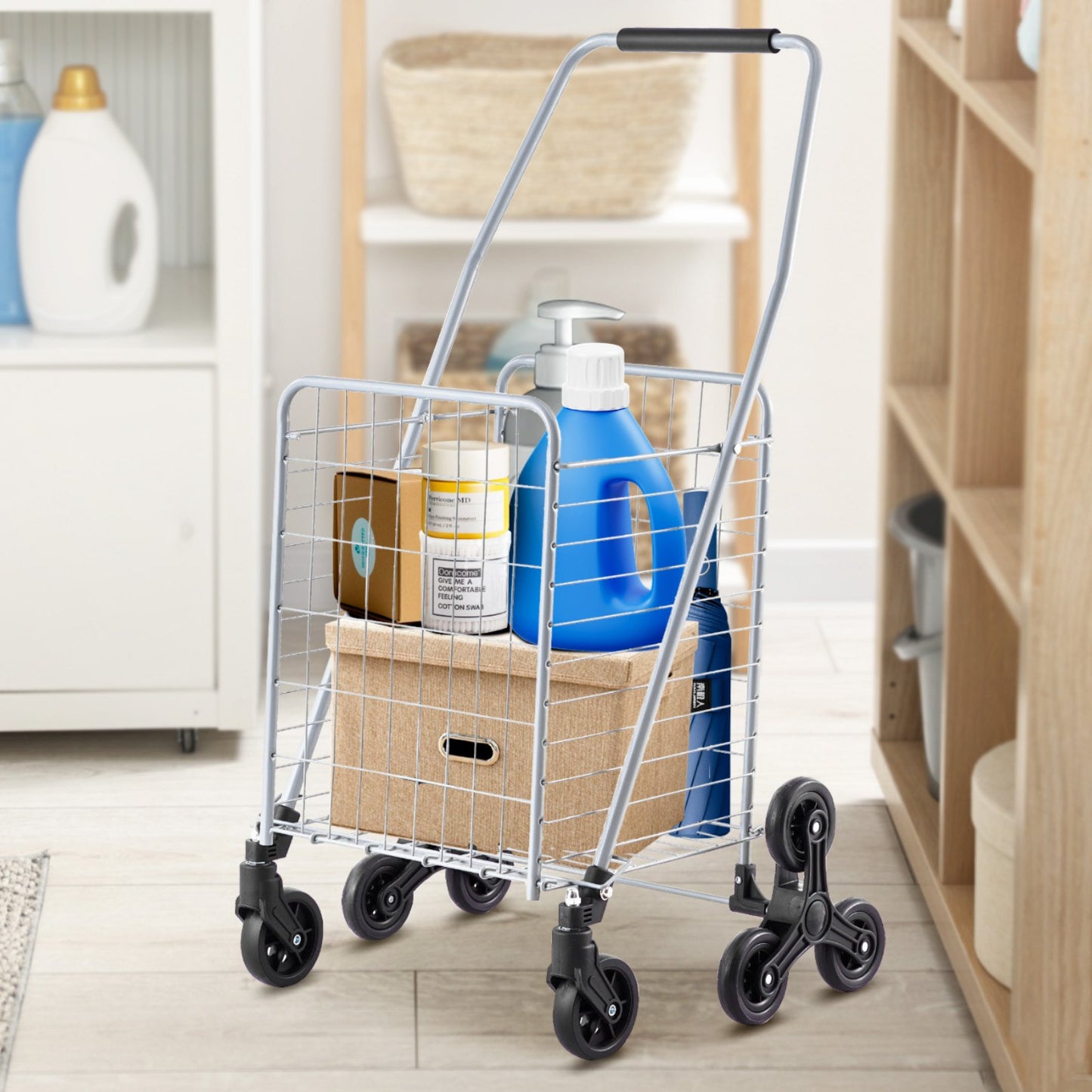 Grocery Shopping Cart, 45L Stair Climbing Shopping Cart with 360° Rolling Swivel Wheels, Stair Climber Utility Cart with Tri-Wheels, Foldable Collapsible & Lightweight for Laundry Travel, Silver